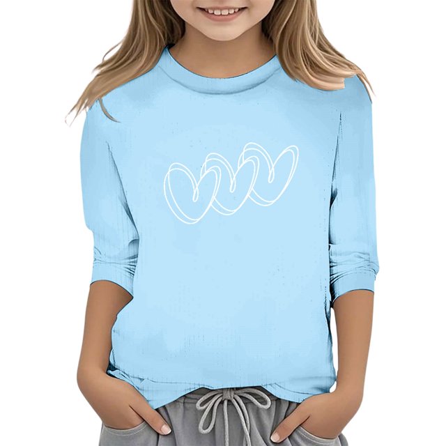 PMVFHDE Hauts Tendance T-Shirts pour Fille Manches Courtes T-Shirts Graphiques pour Fille Imprimé Saint-Valentin Fonctionnel Col Rond Manches 3/4 T Bleu Clair, 13-14 Ans