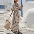 thumbnail image 2 of YUGYXL Women Striped Short Sleeve V Neck Midi Dress Retro Patchwork A-Line Casual Wrap Waist Dresses Beach Going Out Outfits Beige XL, 2 of 6