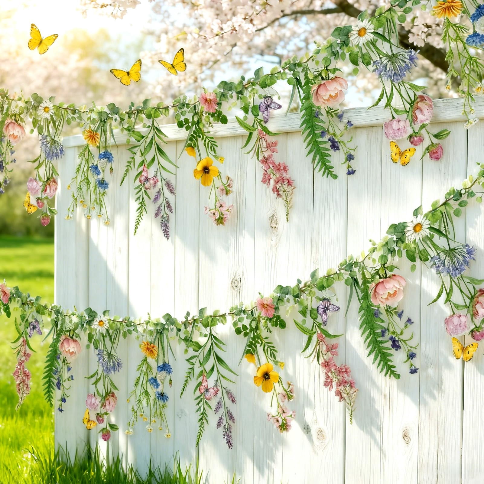 Wildflower Banner 2 Pcs Garden Party Flower Spring Summer Reusable Waterproof Garland 9.8ft For Enchanted Woodland Tropical Wedding Baby Shower Birthday Tea Supplies Girl Decorations