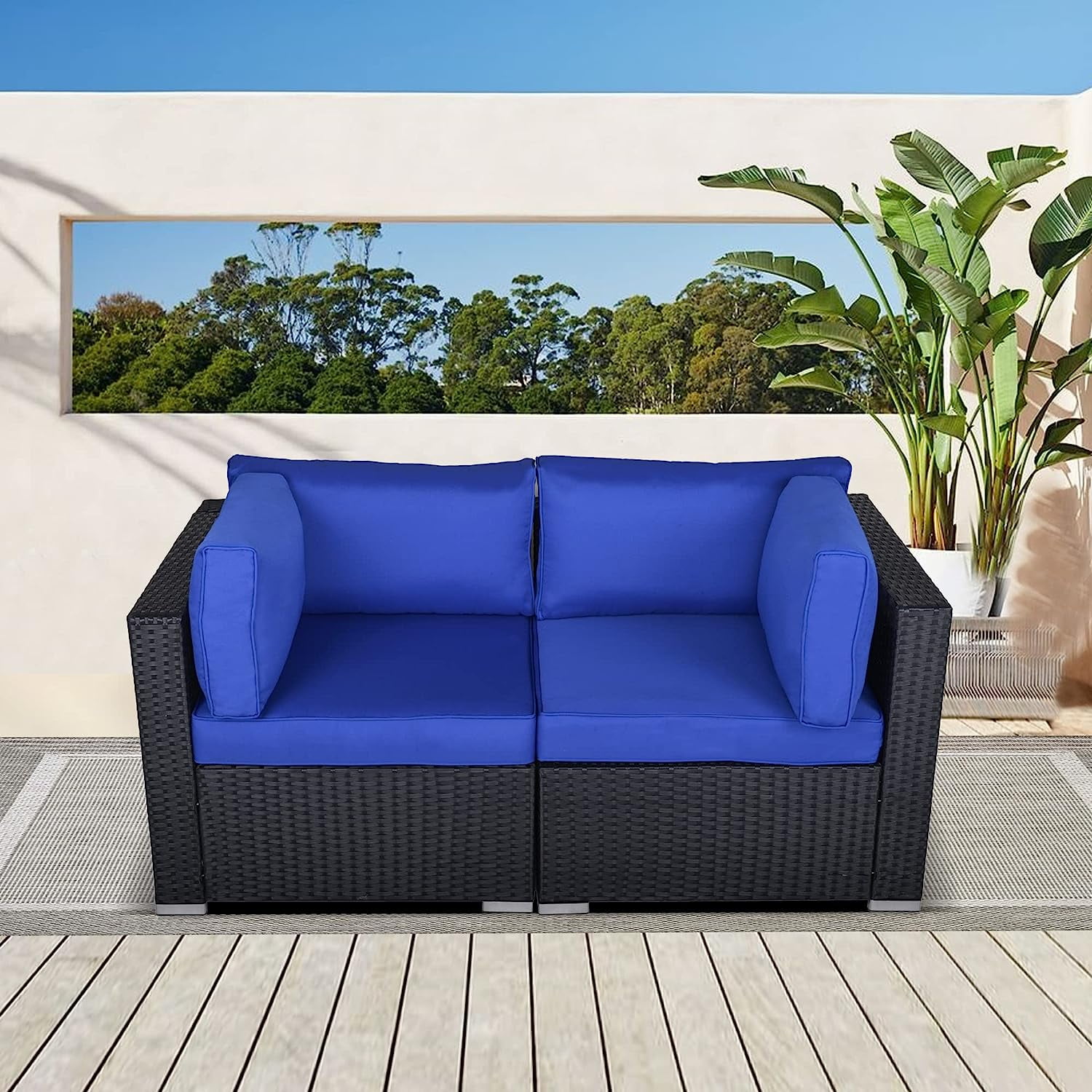 SUNVIVI OUTDOOR Patio Loveseat, 2 Piece Wicker Outdoor Sectional Couch