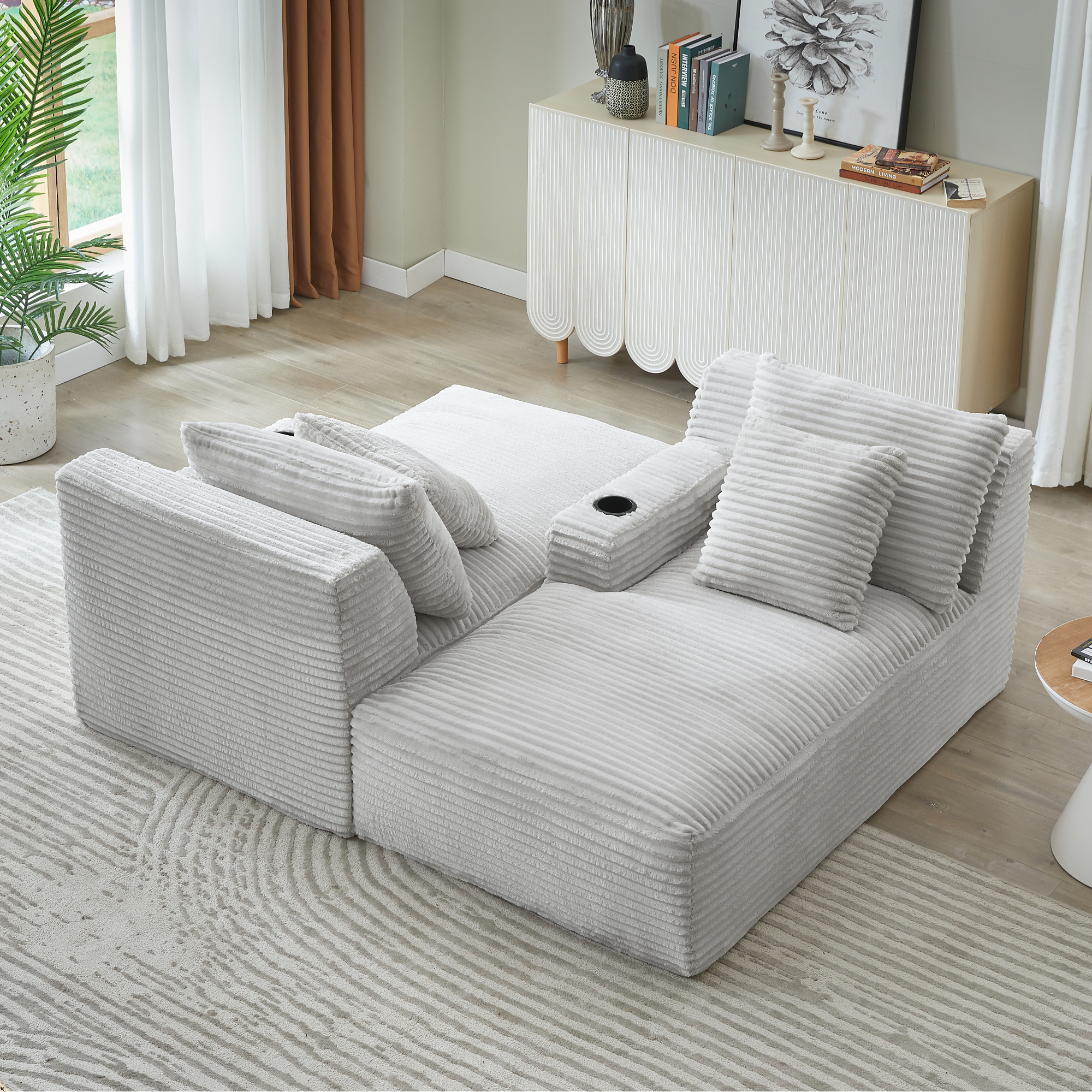 Leumius Oversized Double Chaise Lounge Sofa Bed, Boneless Lounge Sofa Bed with Cupholders,Fluffy Modern Sleeper Loveseat for Living Room,No Assembly Required,Light Gray