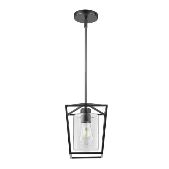 KFFKFF 1-Light Black Pendant Light, Farmhouse Style Iron Cage with Clear Glass Shade, Adjustable Hanging Ceiling Fixture for Bedroom, Hallway, Entryway, and Kitchen