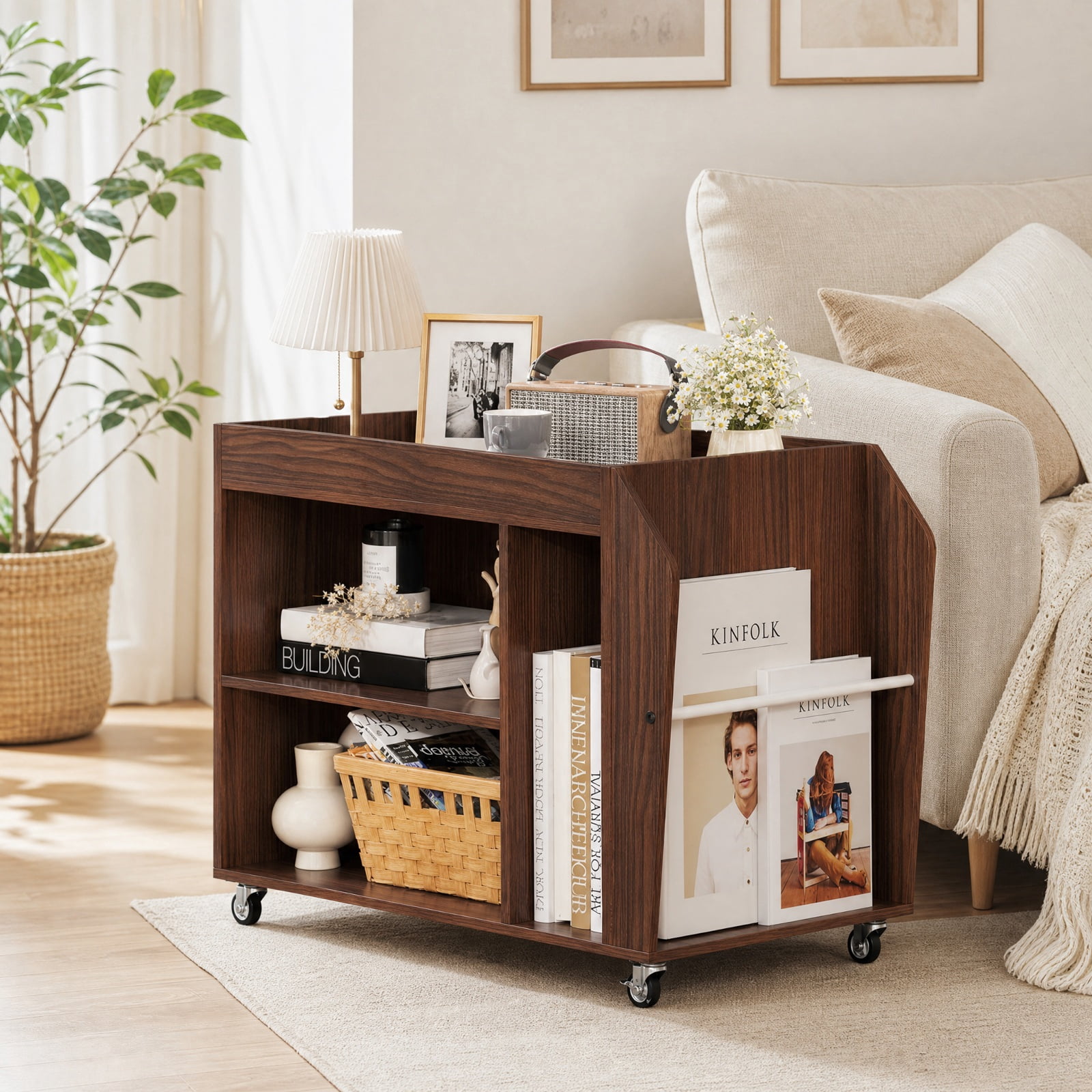 Furnibear 3 Tier Side End Table with Universal Wheels and Side Storage Rack and Guardrail for Living Room Bedroom and Home Office, Walnut