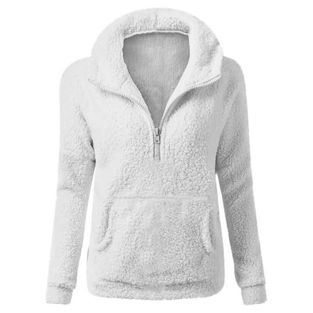 Miluxas Womens Loose Casual Zipper Sherpa Fleece Pockets Pullover Sweatshirt for Women White 10(XL)