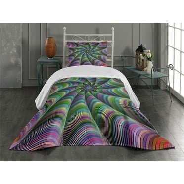 Ambesonne Fractal Quilted Bedspread Set 2 Pcs, Flower Floral Forms, Twin Size, Green Purple