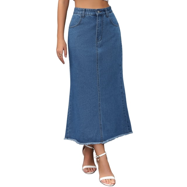 Falda de mezclilla maxi A Line de cintura alta INSPIRE CHIC para mujer, dobladillo deshilachado, falda de jeans casual L azul