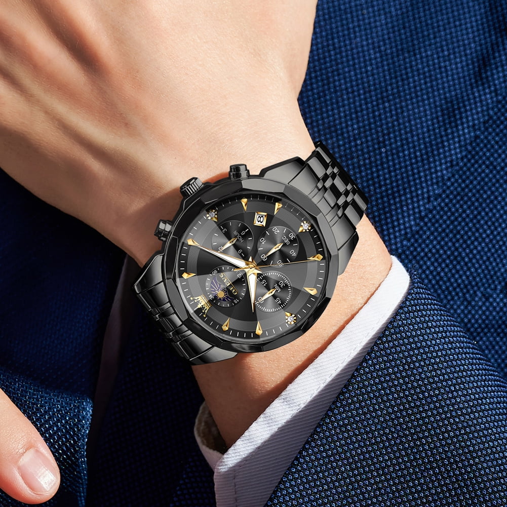 OLEVS Watches For Men Business Dress Luxury Casual Chronograph Multifunction Analog Quartz Stainless Steel Waterproof Luminous Moon Phase Date Men Wrist Watches Reloj Para Hombre Black Dial