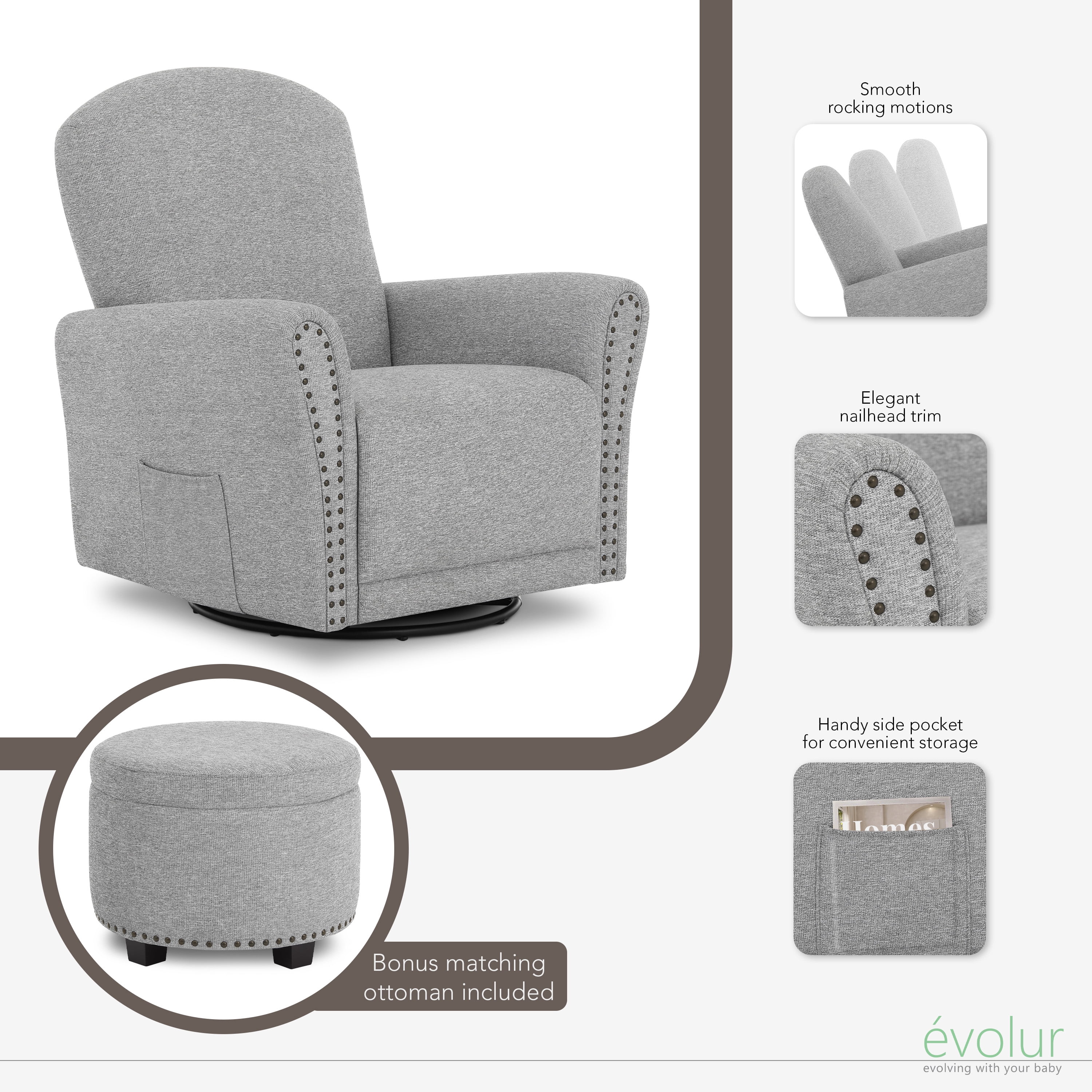 Evolur Vienna Swivel Glider with Ottoman and Nailhead Trim, Greenguard Gold Certified, Made from Sturdy and Sustainable FSC-Certified Wood, Grey