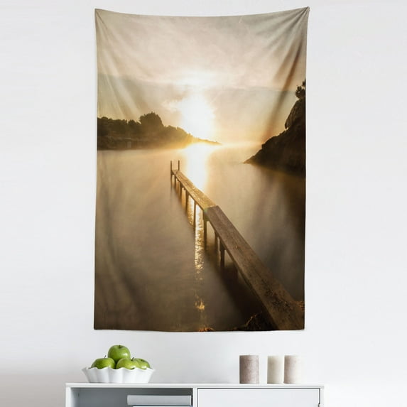 Beach Pathway Tapestry, Espanyol Beach in Ibiza at Sunrise Balearic Islands Spain Seascape, Fabric Wall Hanging Decor for Bedroom Living Room Dorm, 5 Sizes, Brown Tan and Yellow, by Ambesonne