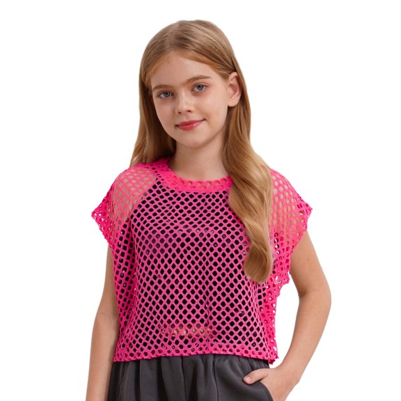 Zaldita Kids Girls Mesh Crop Tops Short Sleeve Hollow Out Fishnet Jazz Ballet Disco Dance Tank Tops T Shirts Blouse Pink 7-8