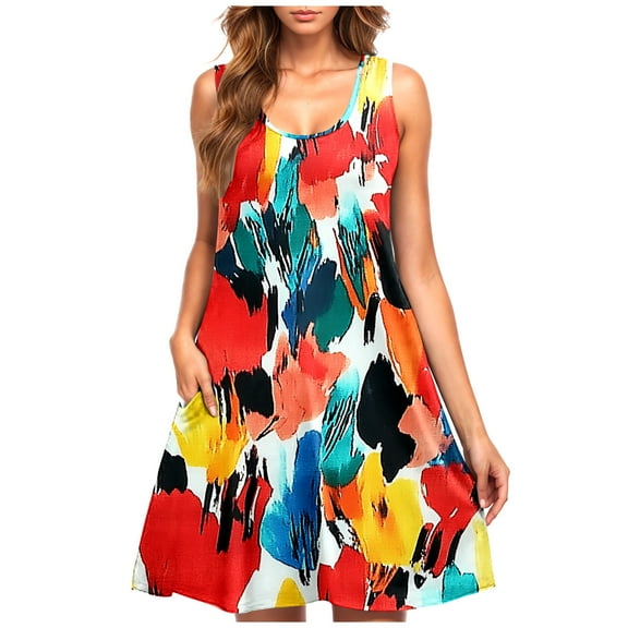 Ruimatai Women's Plus Size Sleeveless Dress Casual Crew Neck Short Summer Dress Floral Print Comfortable Stretchy Party Beach Dress