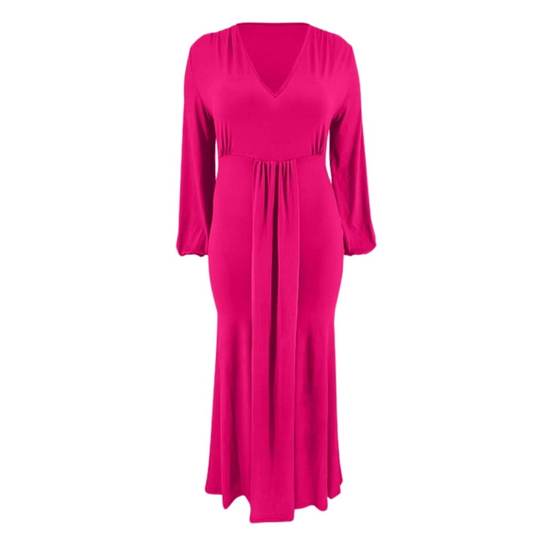 Women's Solid Deep V Neck Long Sleeve Pleated Dress New Product Plus Size  Dress Hot Pink XL 