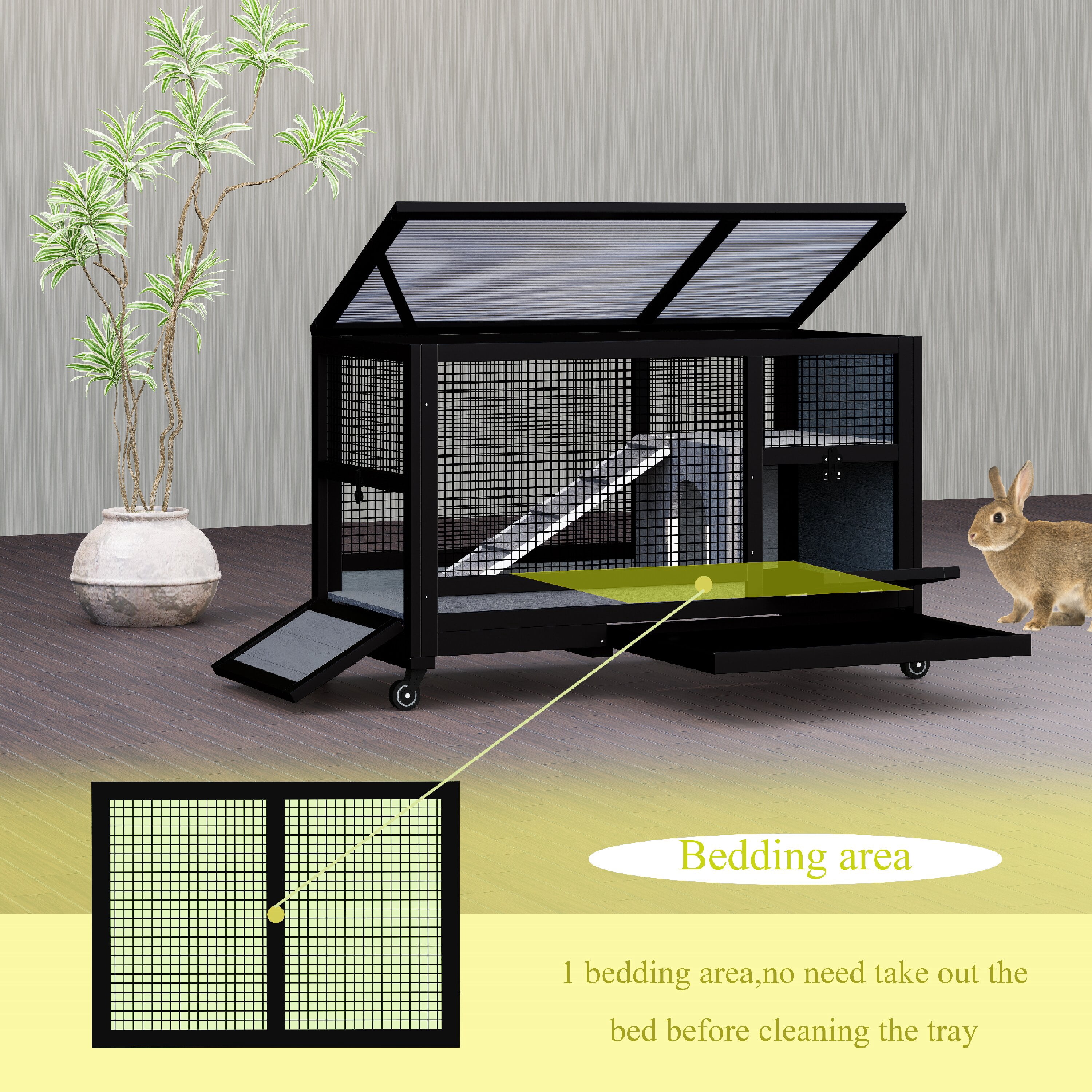 Rabbit Hutch with Wheels for Indoor Outdoor, Wooden Rabbit Cage with Removable Leak Proof Tray, Mobile Bunny Cage