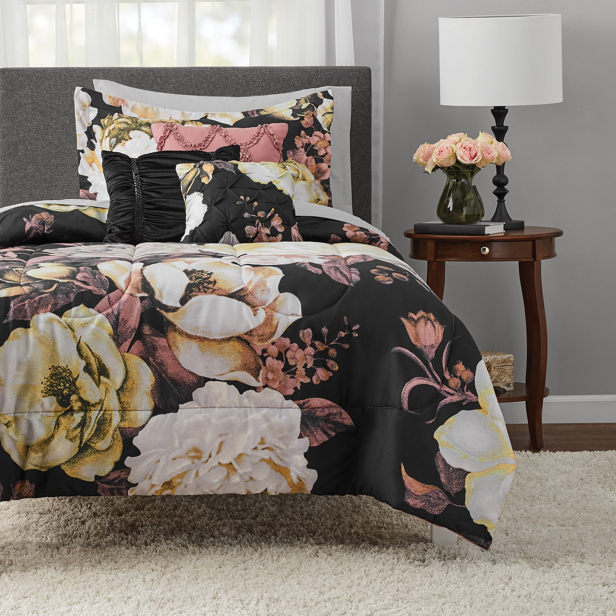 Mainstays Black Floral 8Piece Bed in a Bag Bedding Set w/ Sheet Set , Twin/Twin XL Walmart