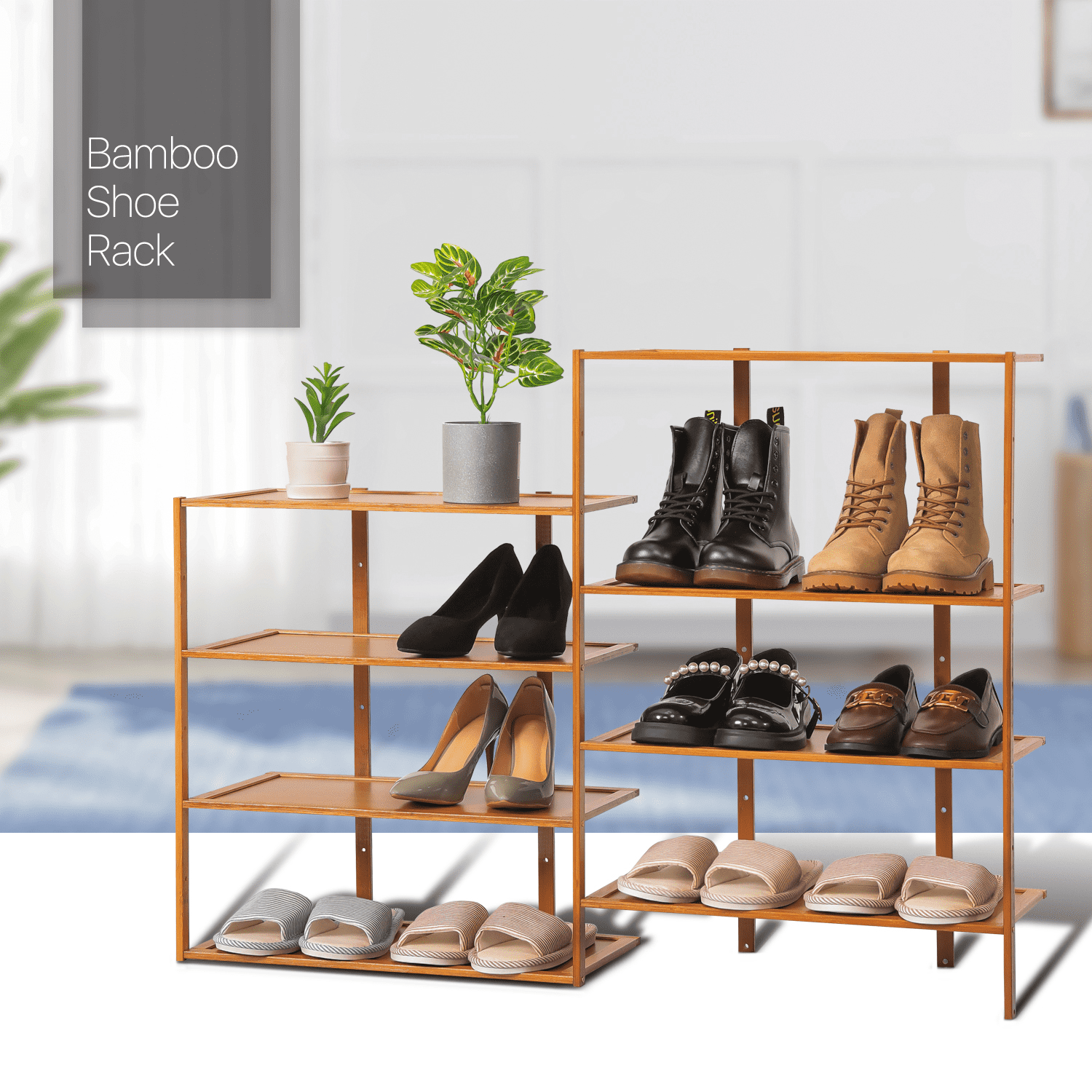 MoNiBloom Bamboo 8 Tiers Corner Shoes Rack, 8 Pairs Organizer Stand, Natural, for Entryway, Size: 8 Shelves, Beige