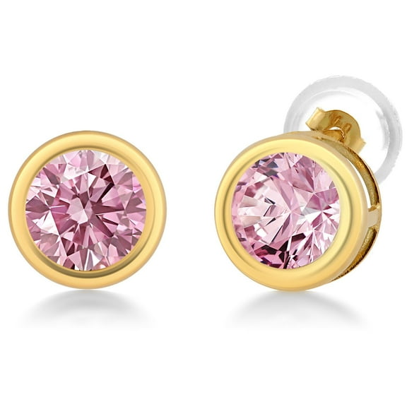 Gem Stone King 14K Yellow Gold Pink Lab Grown Diamond Stud Earrings for Women | 1.00 Cttw | Gemstone April Birthstone | Round 5MM