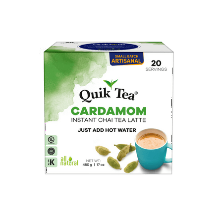 QuikTea Cardamom Chai Tea Latte – 20 Count, Bold Cardamom Flavor, Naturally Caffeine-Light, No Preservatives – Just Add Hot Water