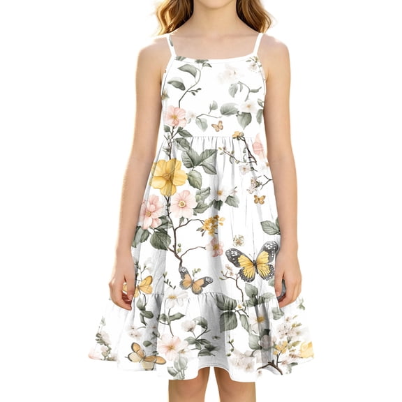 Grblisyd Girls Summer Dress Boho Spaghetti Strap Tiered Dresses Casual Square Neck Sleeveless A‑Line Cami Dresses Cute Floral Print Sundress
