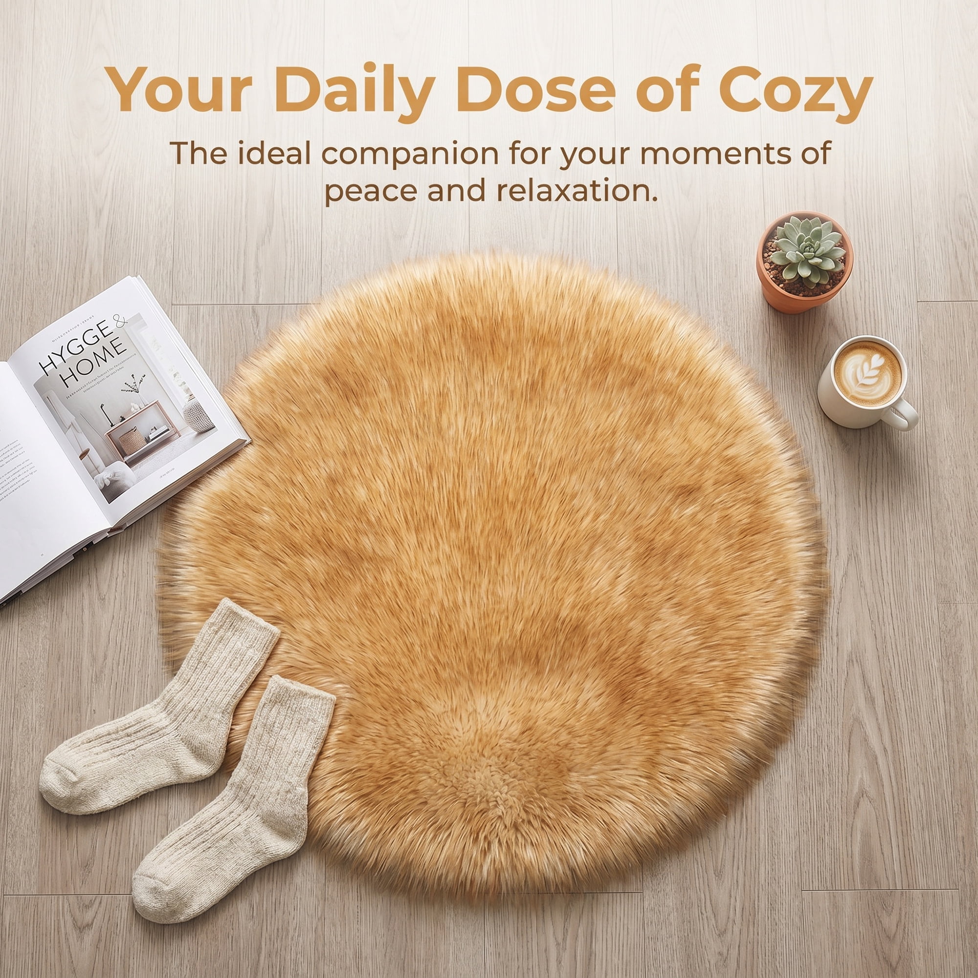 Unique Bargains Shaggy Round Area Rug Fluffy Non-Slip Fuzzy Carpet 20" x 20" White Yellow