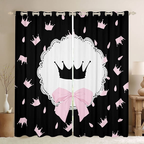 Erosebridal Cartoon Princess Crown Kids Black Out Curtains,Pink Cute Coquette Bowknot Curtains Pack of 2 (42x63 Each) For Girls
