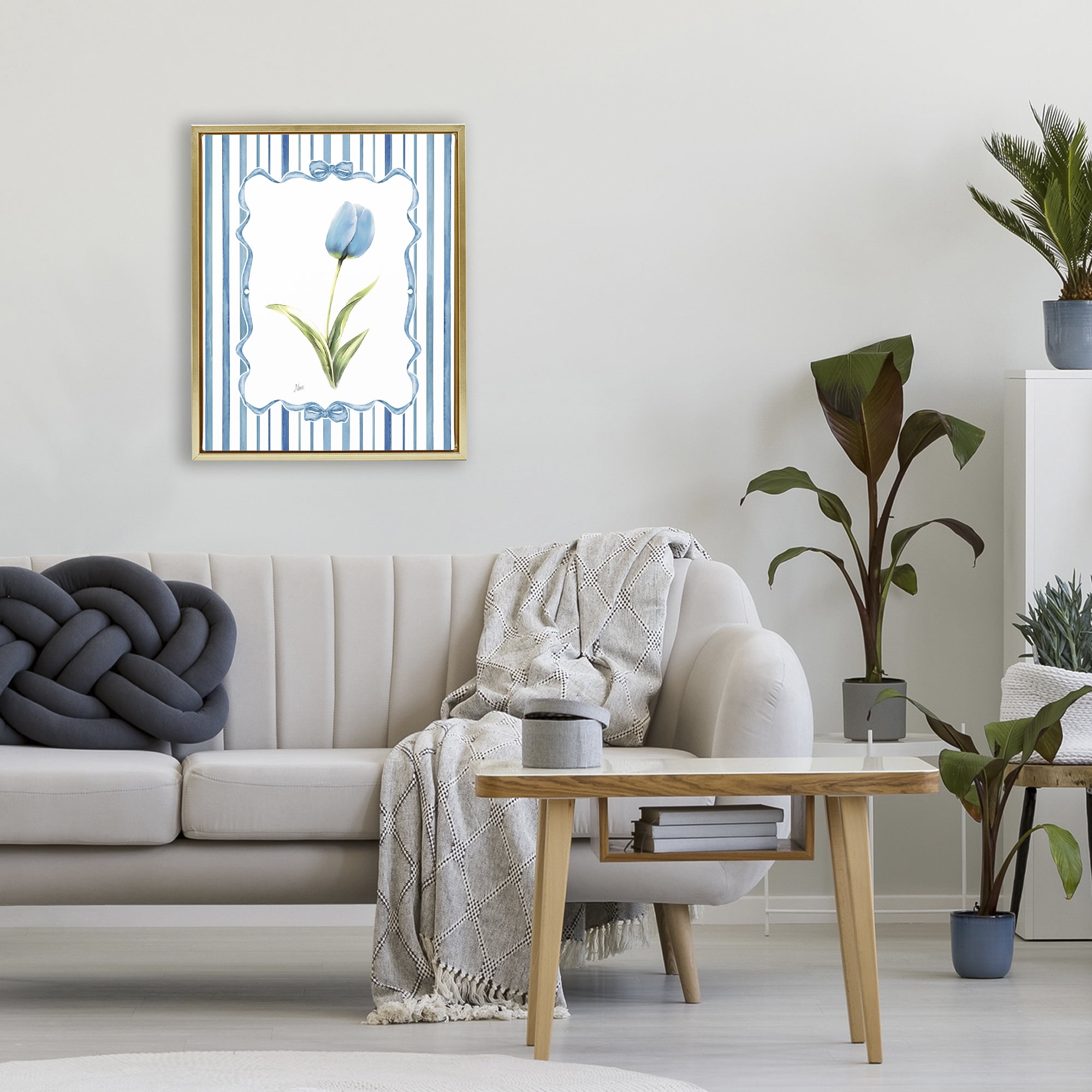Stupell Industries Blue Tulip & Ribbon Border Gold Framed Floater Canvas Wall Art, design by Nan