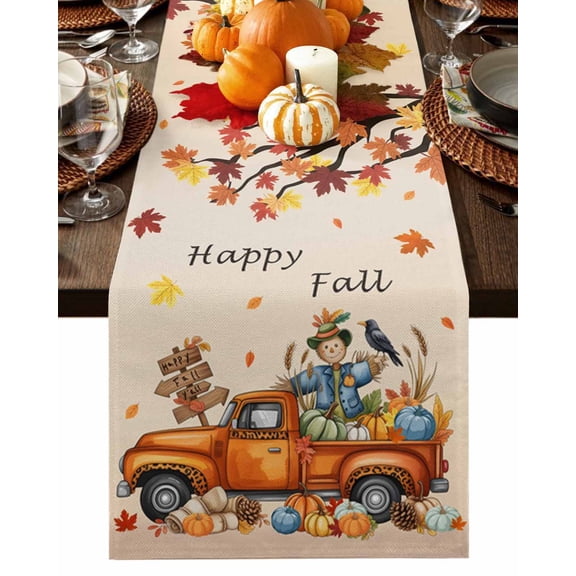 Fall Table Runner Thanksgiving Scarecrows Pumpkin Truck Table Runners Orange Autumn Maple Leaf Cotton Linen Dresser Scarf Kitchen Dining Table Decor for Fall Holiday Party Decor 13x90 Inch