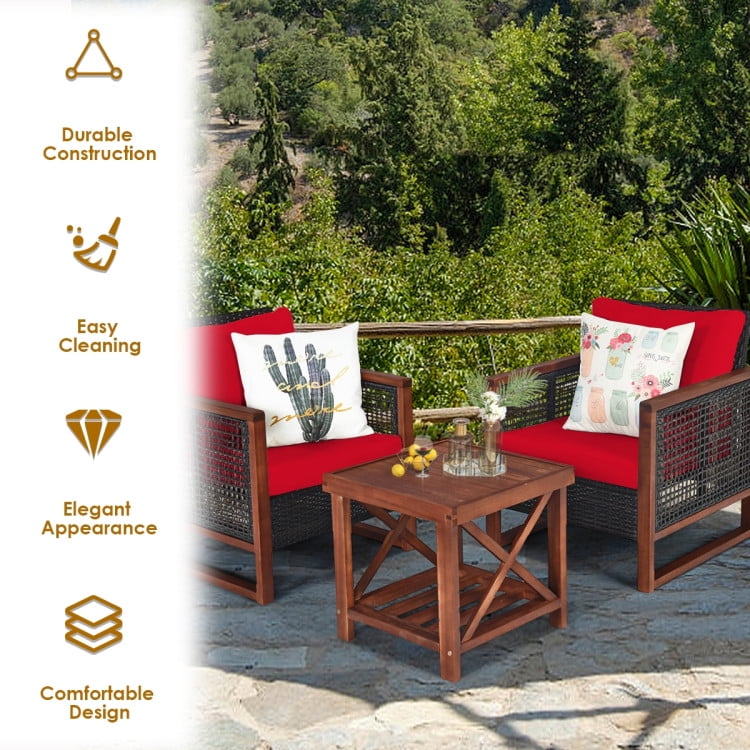 Aimee Lii 3 Pieces Patio Rattan Furniture Set with Washable Cushion and Acacia Wood Tabletop, Small Patio Set, B-Red Aimee Lii 3 Pieces Patio Rattan Furniture Set with Washable Cushion and Acacia Wood Tabletop, Small Patio Set, B-Red