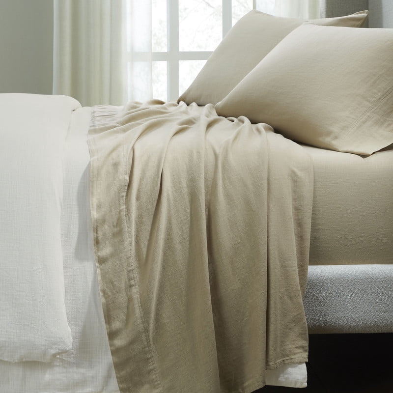 Superior Chloe 100% Cotton Percale Linen Texture Bed Sheet Set, Queen, Beige