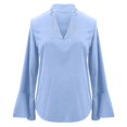 thumbnail image 4 of Holzkary Women's Long Bell Sleeve Tops Ruffle Blouse for Work Dressy Casual Work Tunic Shirts Clothes 2025 Fashion V Neck Drilling Solid Color Long Sleeve Blouses Light Weight Work Shirts Sky Blue M, 4 of 5
