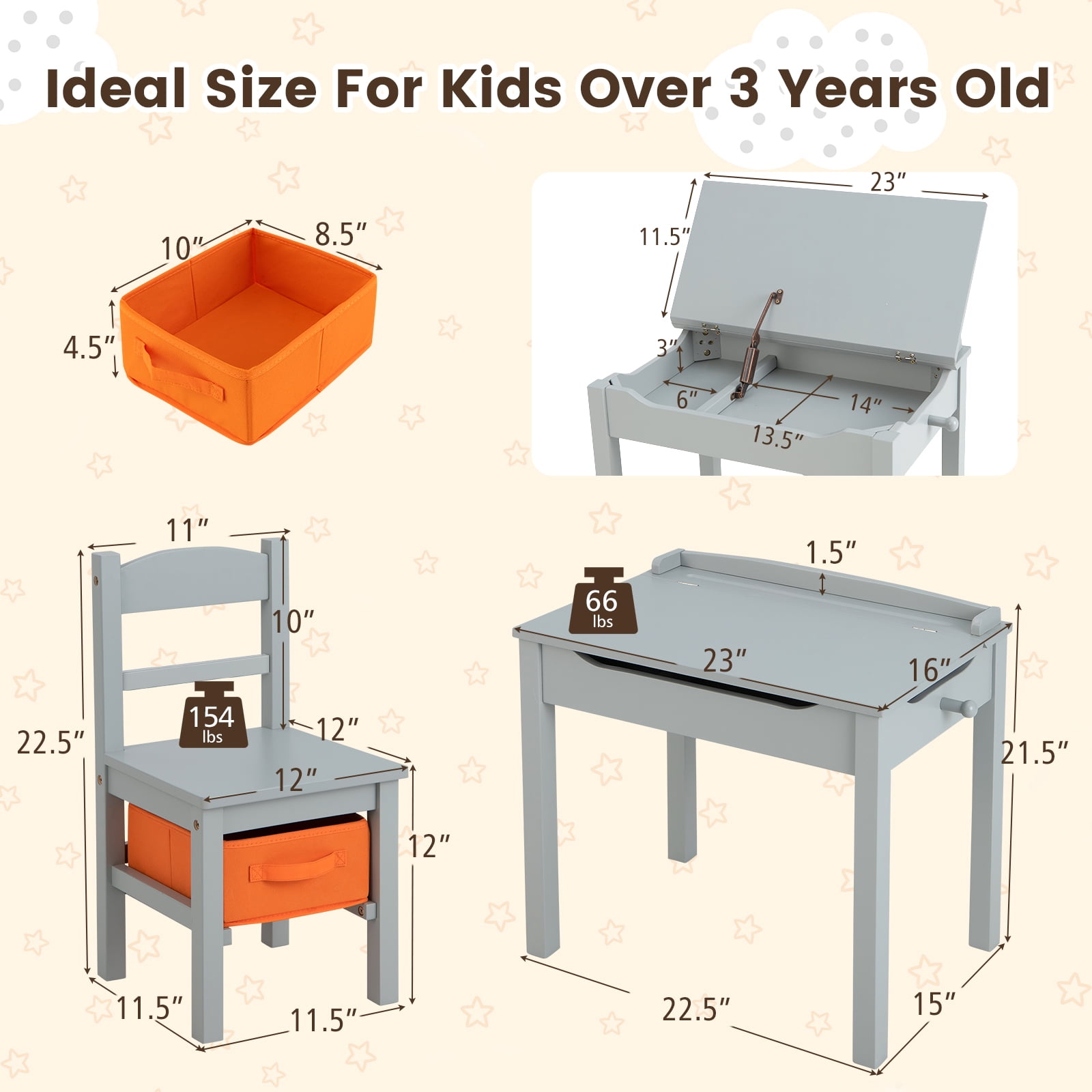 Gymax Kids Table and Chair Set Wood Activity Study Desk w/ Storage Drawer Hook Grey
