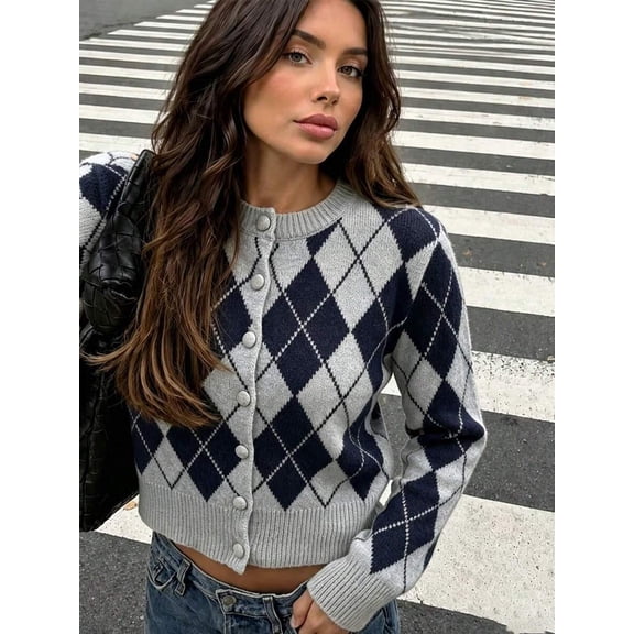 Women's Argyle Knit Cardigan, Button Down Crew Neck Long Sleeve Top, Cropped Ribbed Hem Shirt, Preppy Vintage Layering Wear for Fall