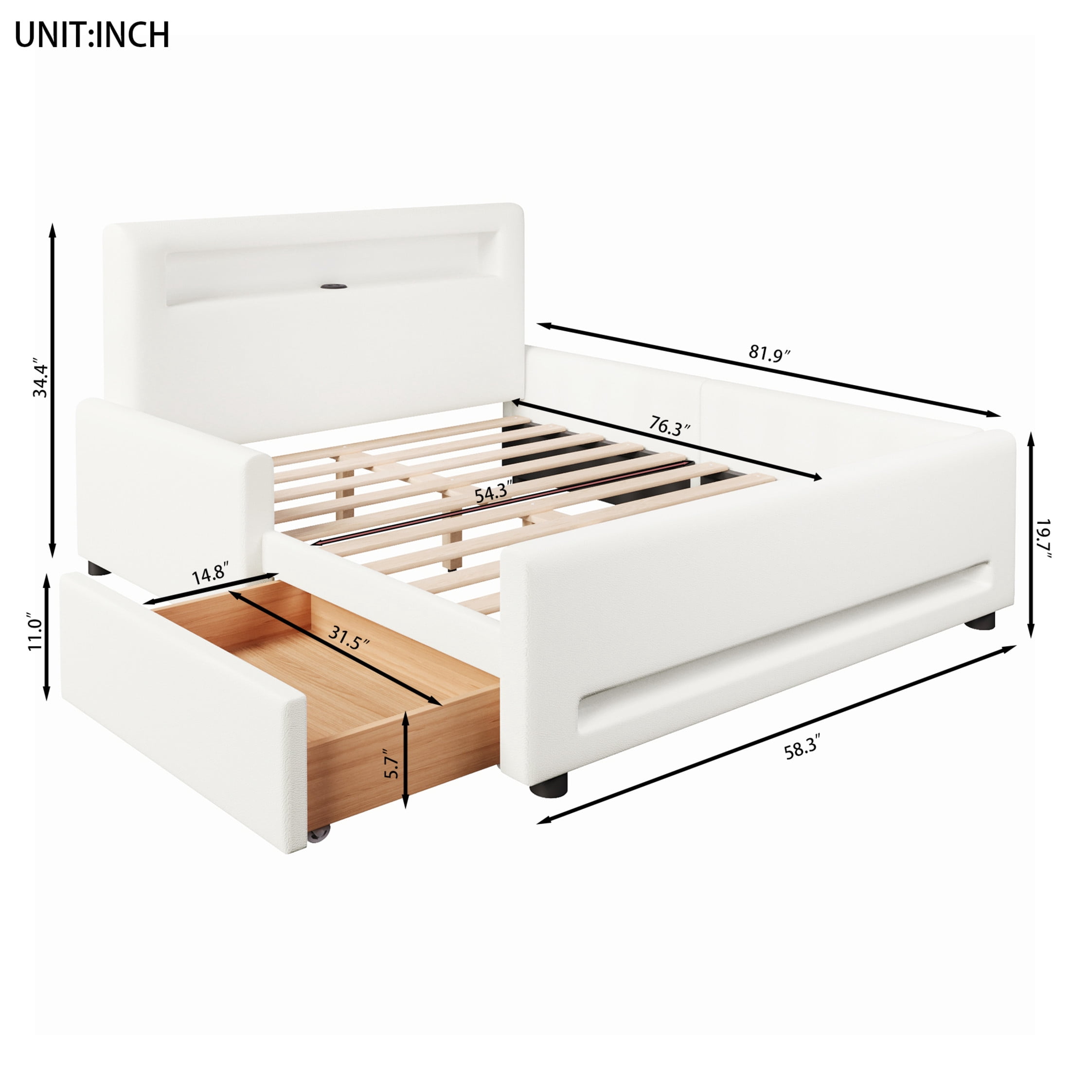 Noble House Full Size Upholstered Platform Bed with Storage Drawer, LED Light Strip and USB Charging Port, White