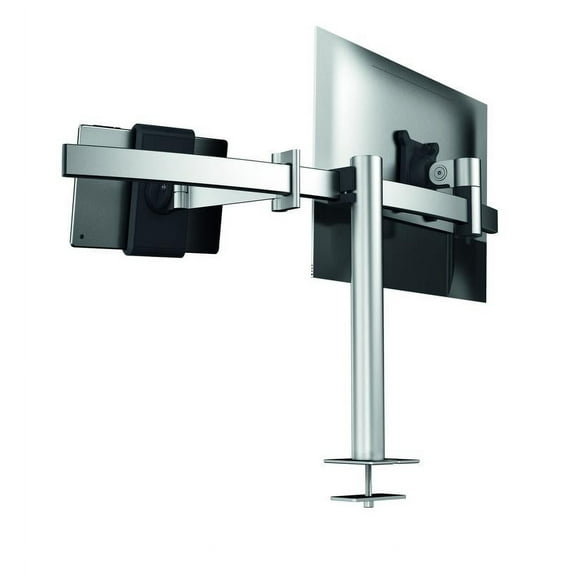 DURABLE Monitor Mount for 1 Screens and 1 Tablet, Desk Clamp, 360-Degree Rotation, Tiltable, for VESA Screens 21-27", User-Friendly, Silver (508723)