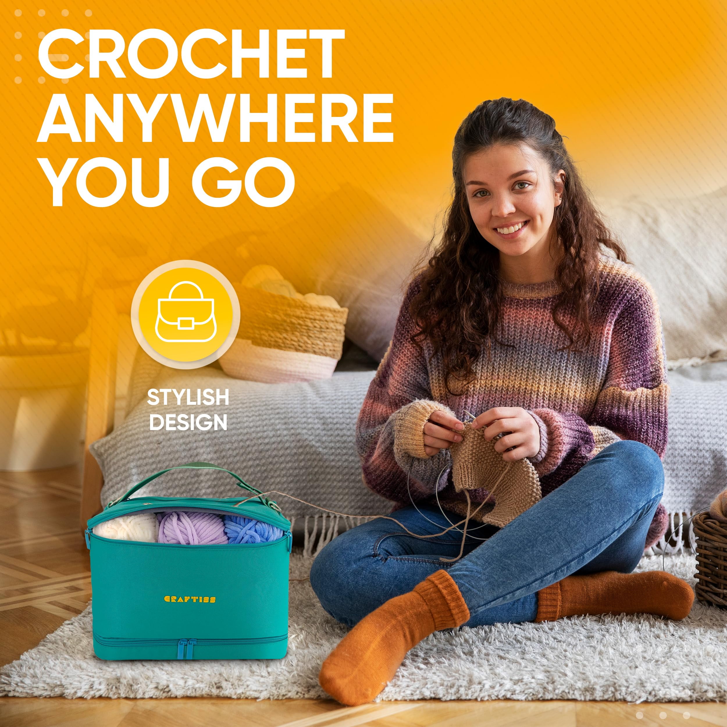 CRAFTISS Crochet Bag Yarn Storage - Perfect Gift - Durable Canvas Yarn Bag for Crochet Accessories - Organizer with Built-in Knitting Accessories Case