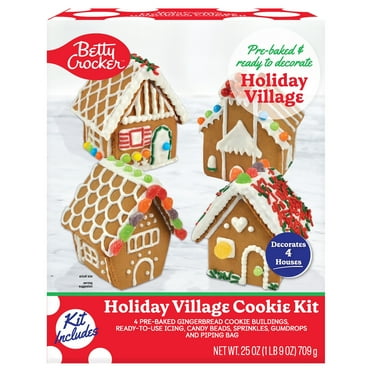 Crafty Cooking Kits Betty Crocker Holiday Village Cookie Kit, Includes 4 Pre-baked Gingerbread Cookie Buildings, Icing, Candy Beads, and Sprinkles