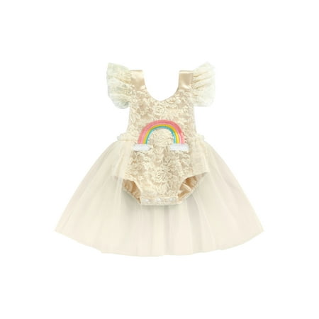 

Canis Infant Baby Girl Romper Dress Rainbow Halter Lace Tulle Bodysuit Tutu Princess Dresses