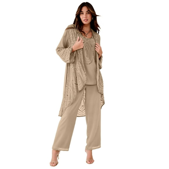 Roaman's Women's Plus Size Petite Plus Size Beaded Georgette 3-Piece Pant Set – Formal Wear