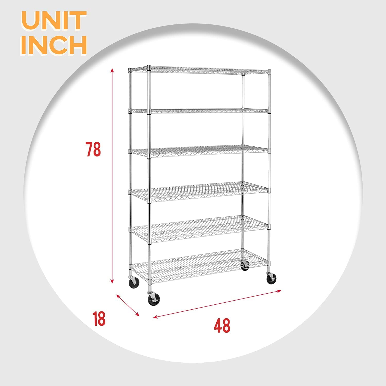 FDW Commercial 6 Tier Shelf Adjustable Steel Wire Metal Shelving Rack,18 x 48 x 72,Chrome