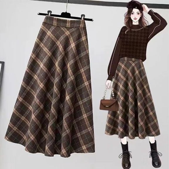 Joernso Women Midi Skirt Elastic High Waist Plaid Print Skater Skirt A-Line Large Hem Casual Skirt Commuting Streetwear