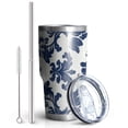 thumbnail image 2 of 30oz Blue and White Pioneer Flower Tumblers Stainless Steel Tumbler with Lid and Straw,Vacuum Insulated Double Wall Travel Tumbler Cups Mug with Cleaning Brush for Coffee,Tea, 2 of 7