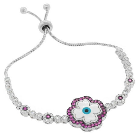 Pori Jewelers Ruby CZ Sterling Silver Clover and Evil Eye Friendship Bolo Adjustable Bracelet