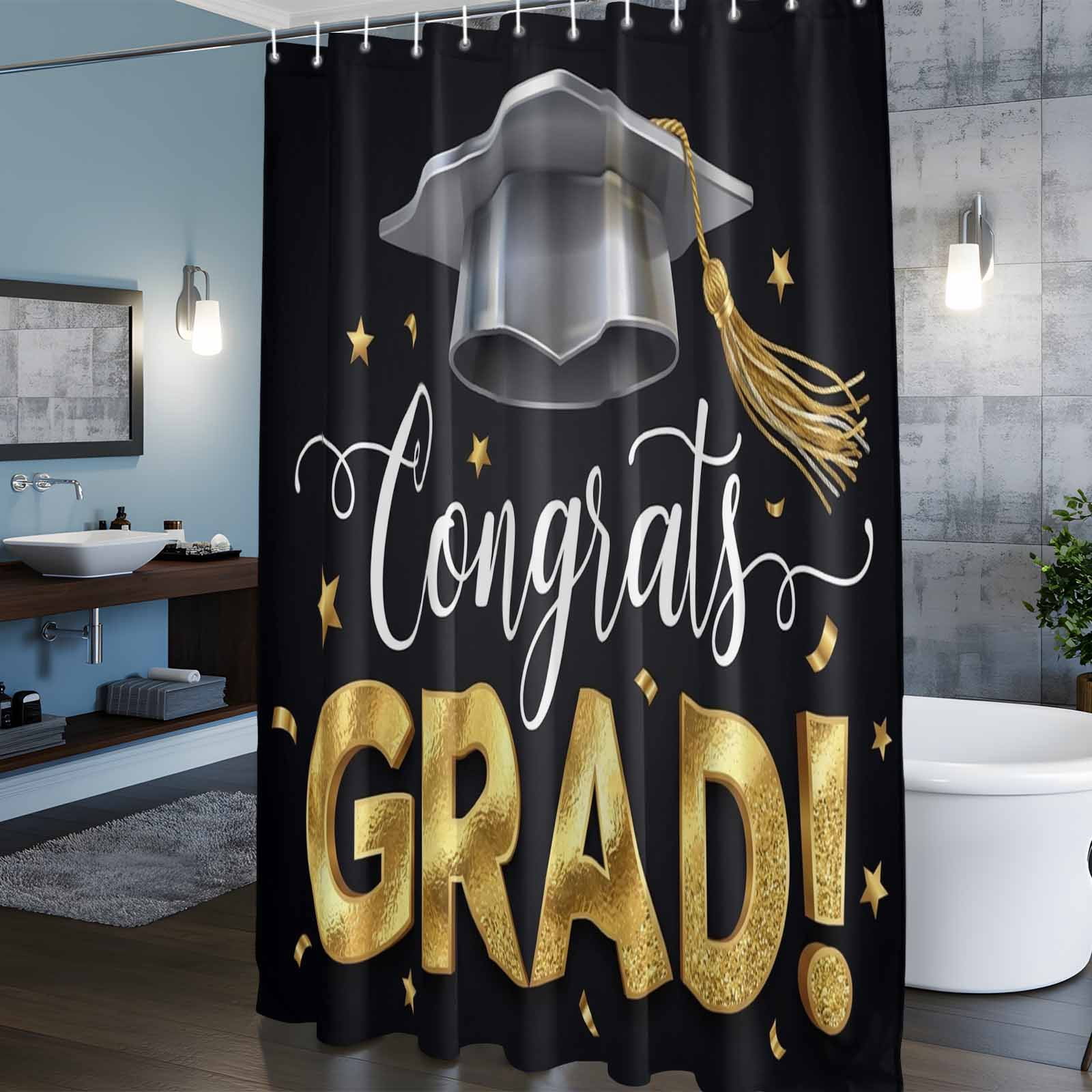 Graduate Season Shower Curtain, Congrats Grad Bachelor's Cap Celebration Black Waterproof Shower Curtain Set with 12 Hooks Lightweight Bath Curtains Fabric Bathroom Decor 72x78 Inches