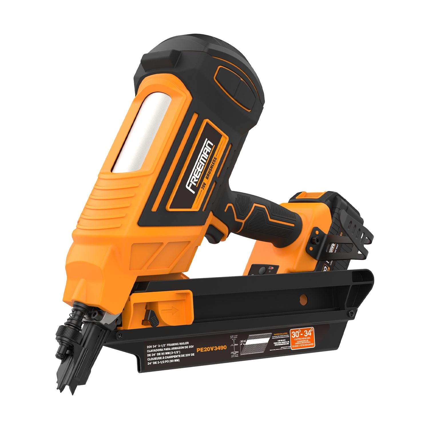 Freeman PE20V3490 20 Volt Cordless and Brushless 34 Degree 3-1/2" Framing Nailer Kit with Lithium Ion Battery, Charger, and Bag – 750 Shots per Charge