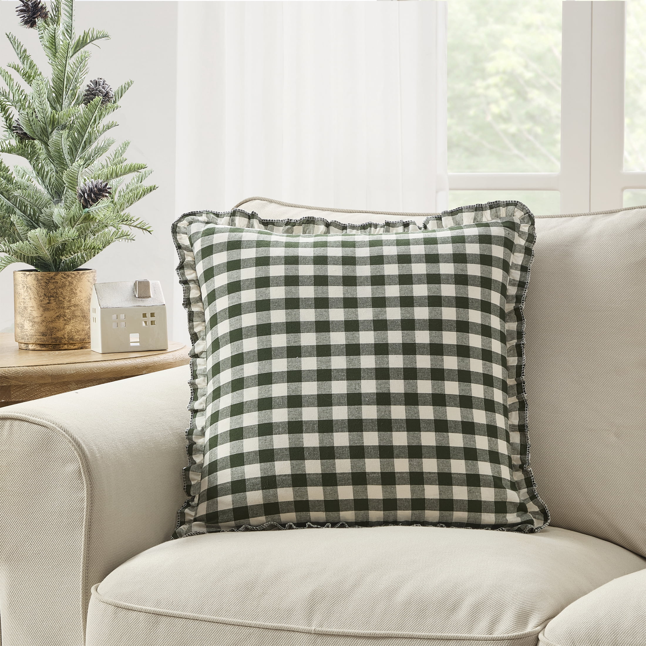 My Texas House 18 in x 18 in Ivory/Green Micro Gingham Decorative Pillow