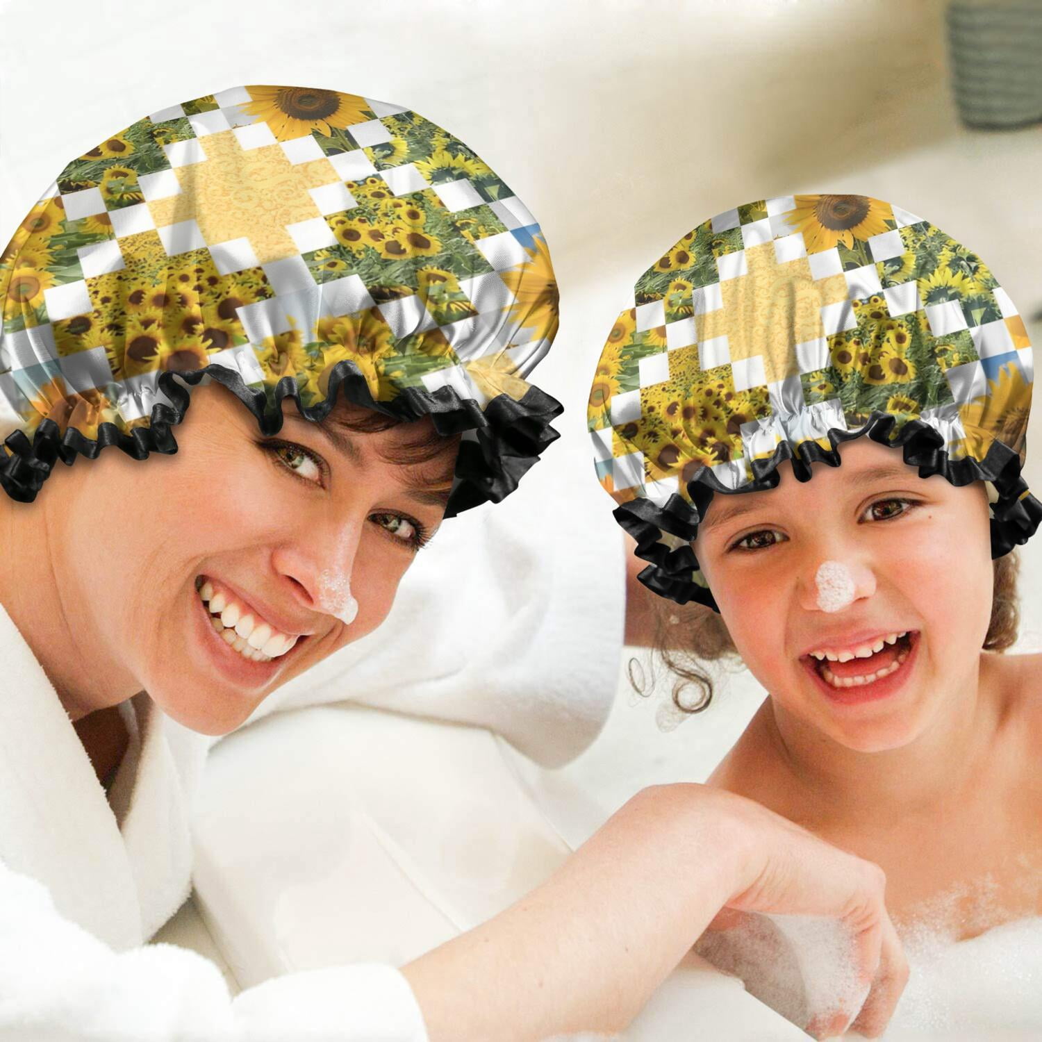 Shower Caps,Sunflower Checkered Pattern Waterproof Shower Cap for Women 4 Pieces,Double Reusable Hair Cover for Shower PEVA Elastic Stretch Hem