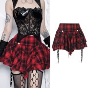 Aellinatey Dark Goth Women Checkered Pleated Ruffle Eyelets Bandages A Line Mini Skirt