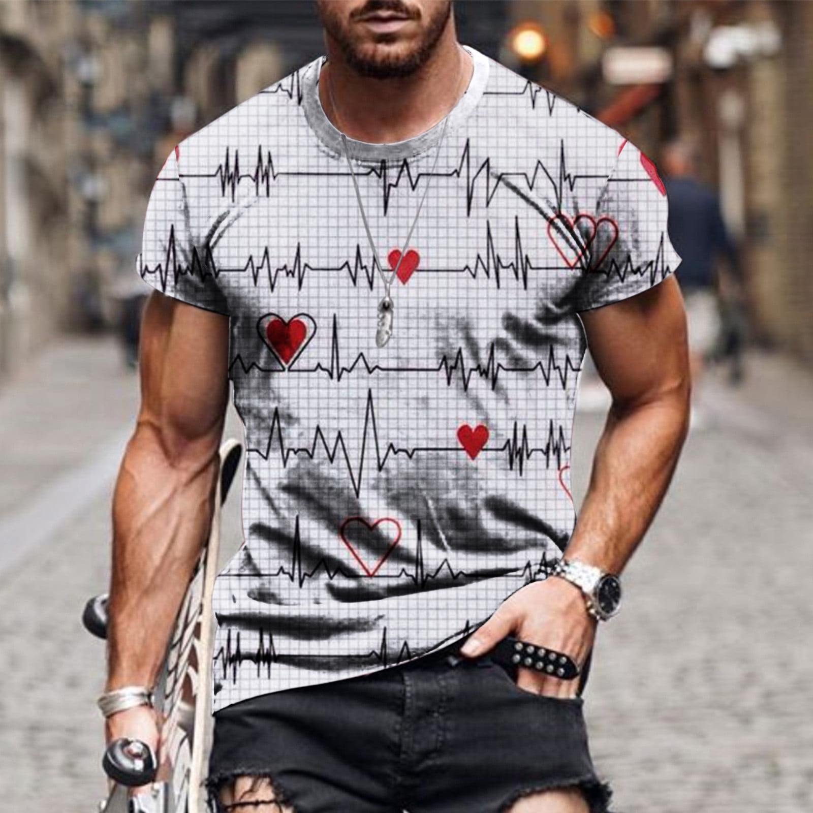 HAPIMO Casual Slim Fit Tee Clothes Round Neck Fashion Tops Short Sleeve  T-Shirt for Men Valentine's Day Love 3D Print Blouse Men's Summer Shirts  Gray XXL 