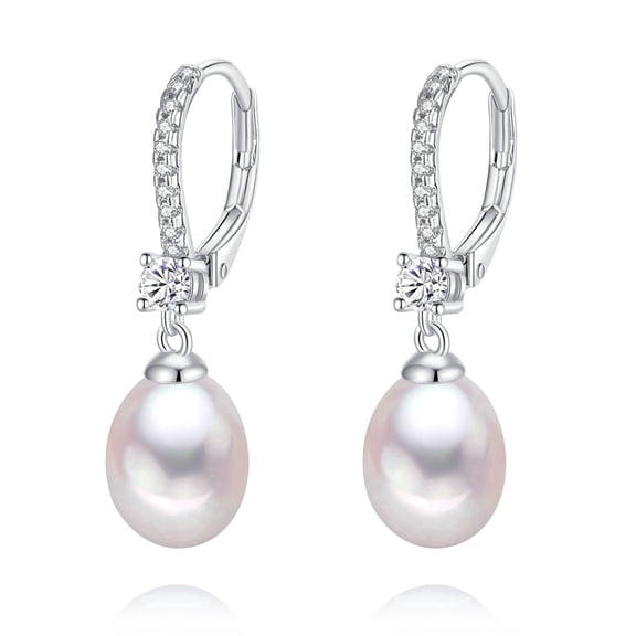 8-8.5mm White Freshwater Cultured Pearl Drop Earrings, 925 Sterling Silver , Cubic Zirconia, Lever Back JewelryGift for Women