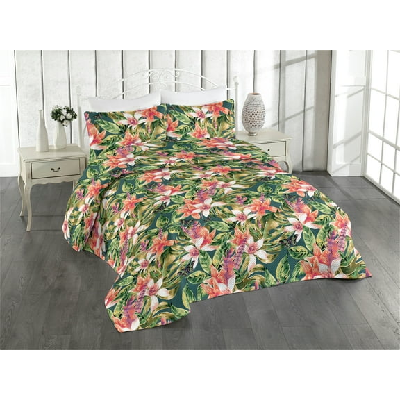 Ambesonne Tropical Quilted Bedspread Set 3 Pcs, Exotics Hawaii Leaves Art, King, Dark Coral Fern Green