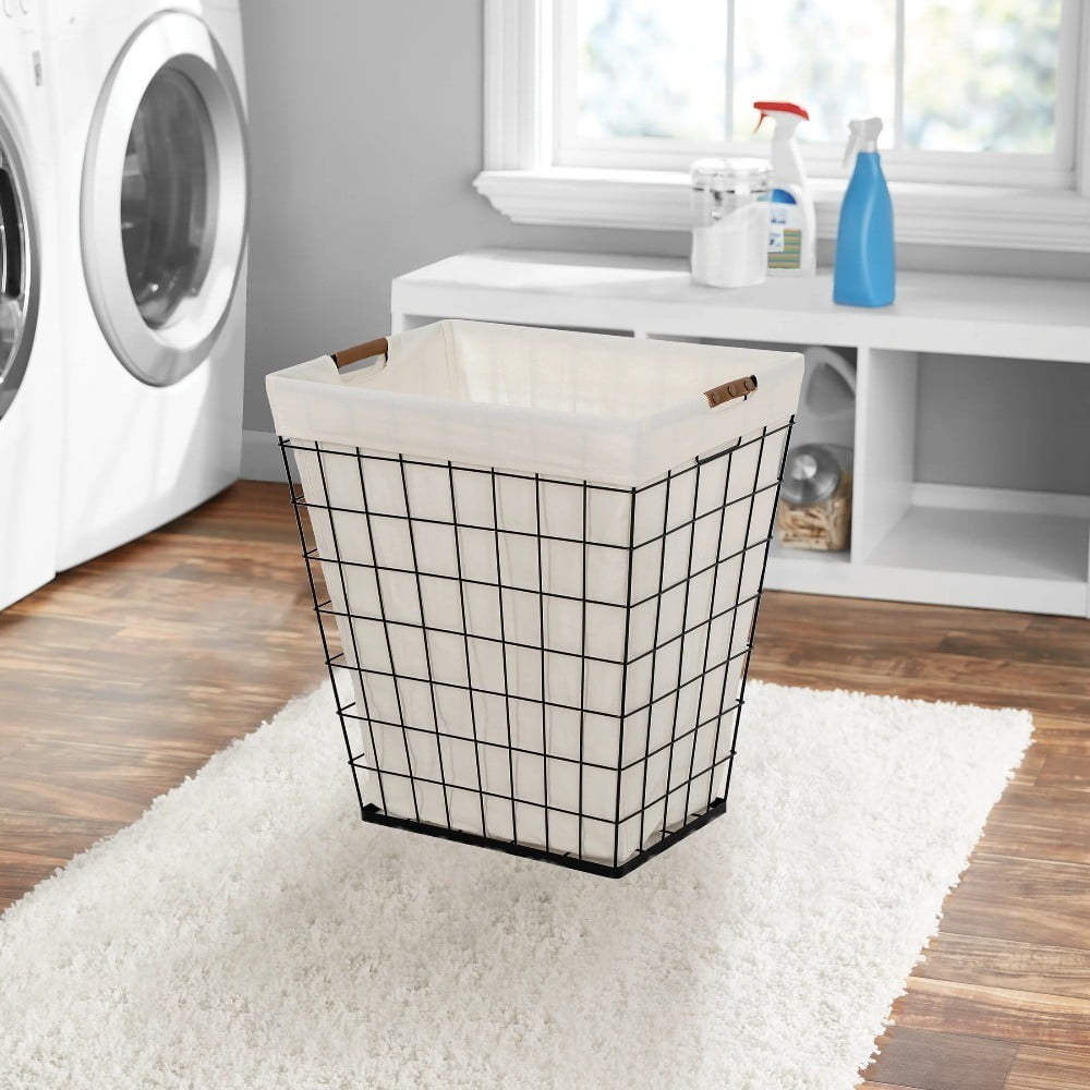 Rectangular Steel Wire Laundry Hamper with Removable Liner 75L Natural for Home